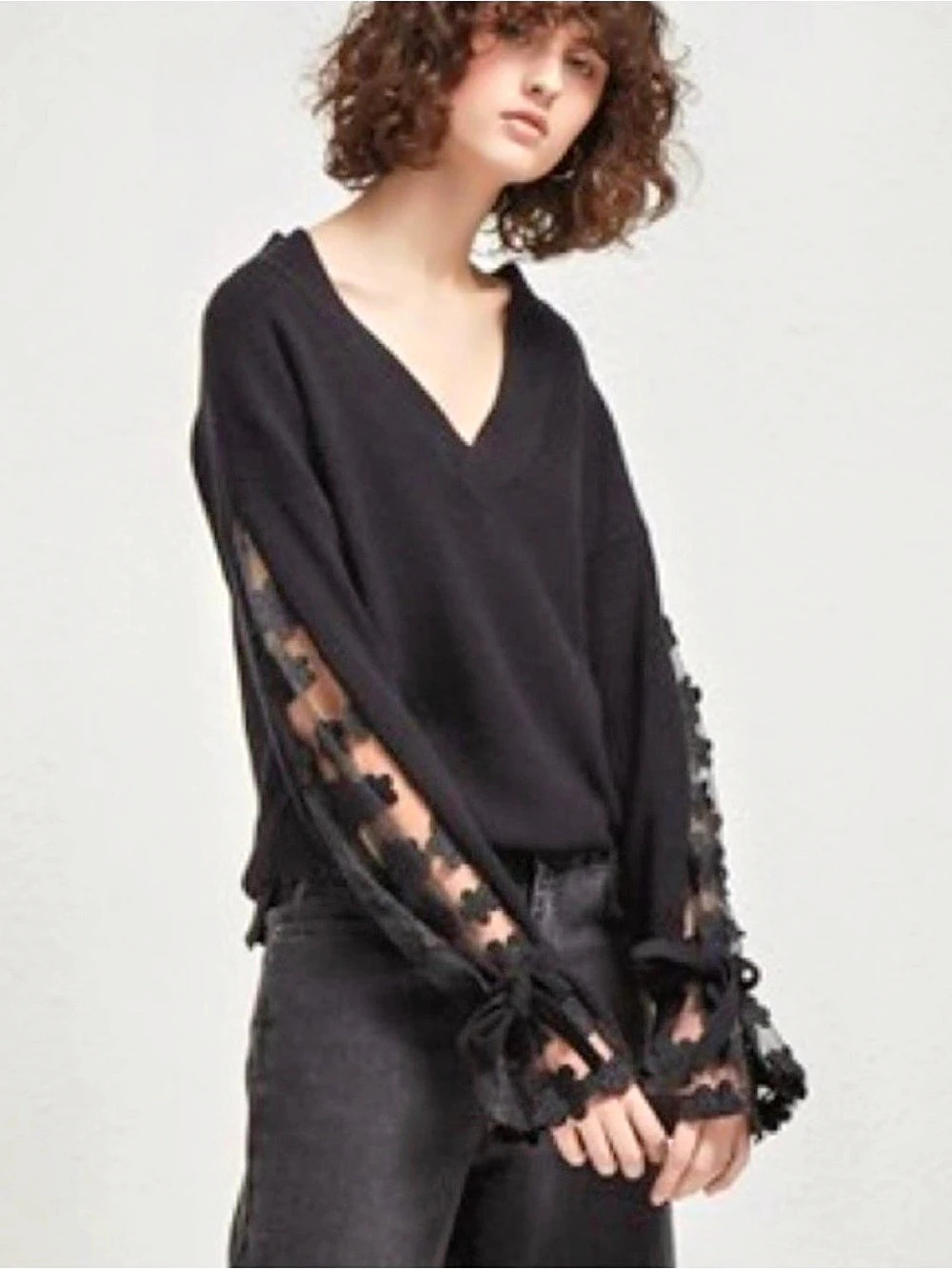 French Connection Caballo Floral-Lace Sleeve Sweater Black Large